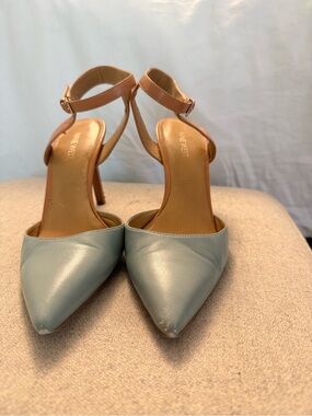 Nine West Two-Tone Pointed-Toe Ankle-Strap Heels in Light Blue and Tan